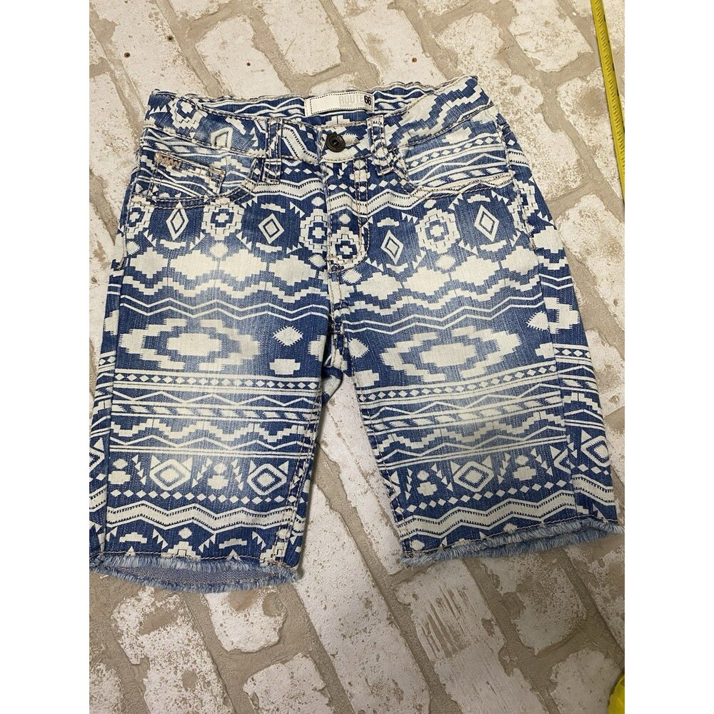 Vintage Route 66 Girls Size 10 Bermuda Denim Shorts Blue/White Aztec Geometric